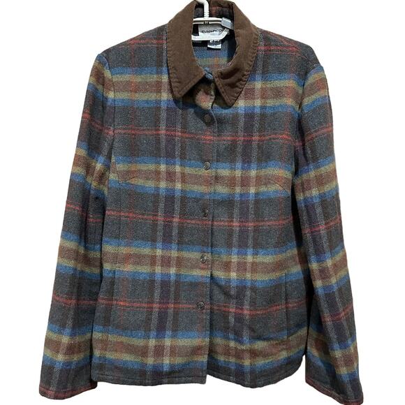Evan Picone Shacket Size 8 Brown Blue Green Snaps Button Up Wool Blend Academia - Picture 1 of 8